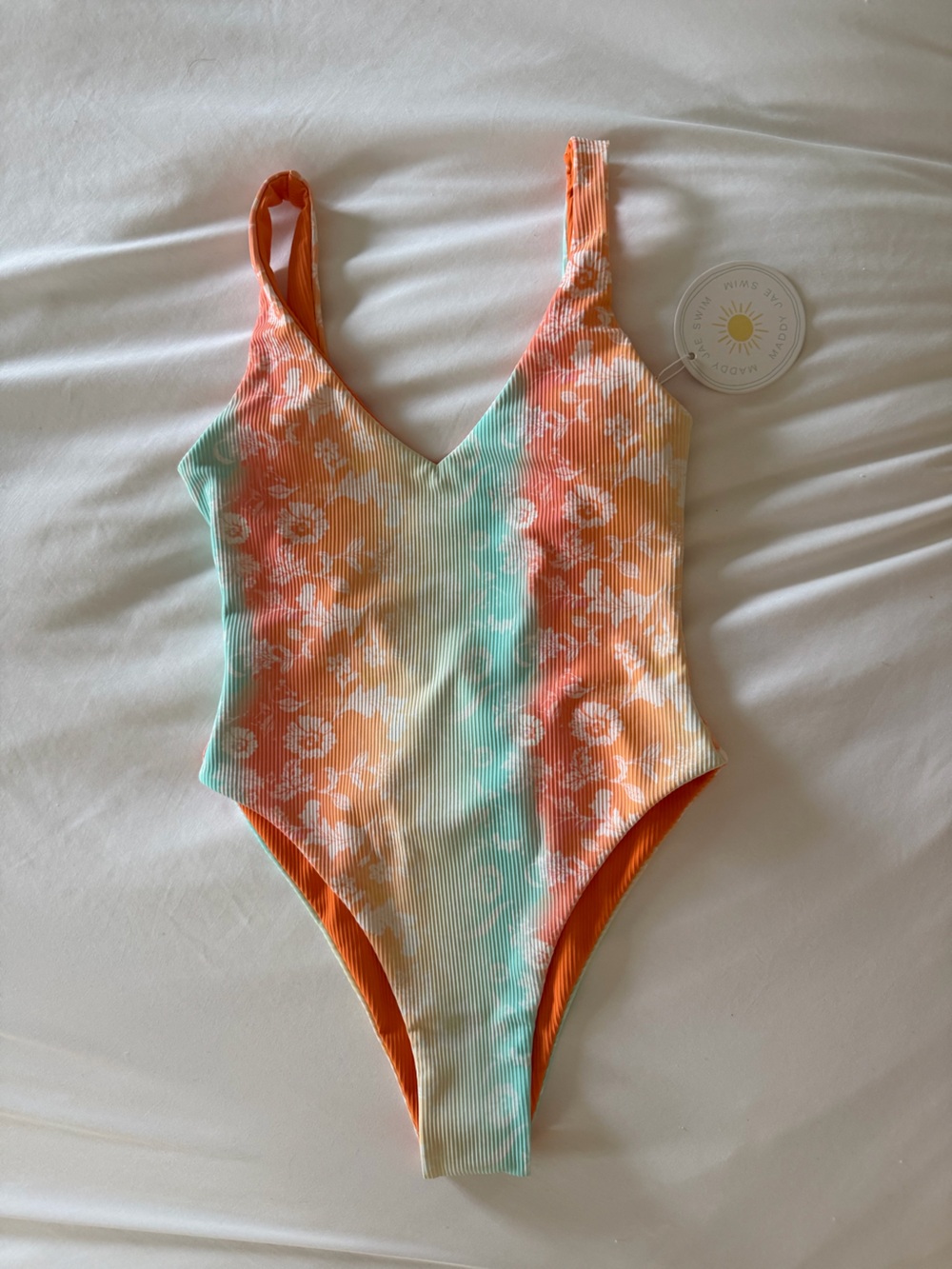 Women's Orange Ribbed V‑Neck One‑Piece Swimsuit